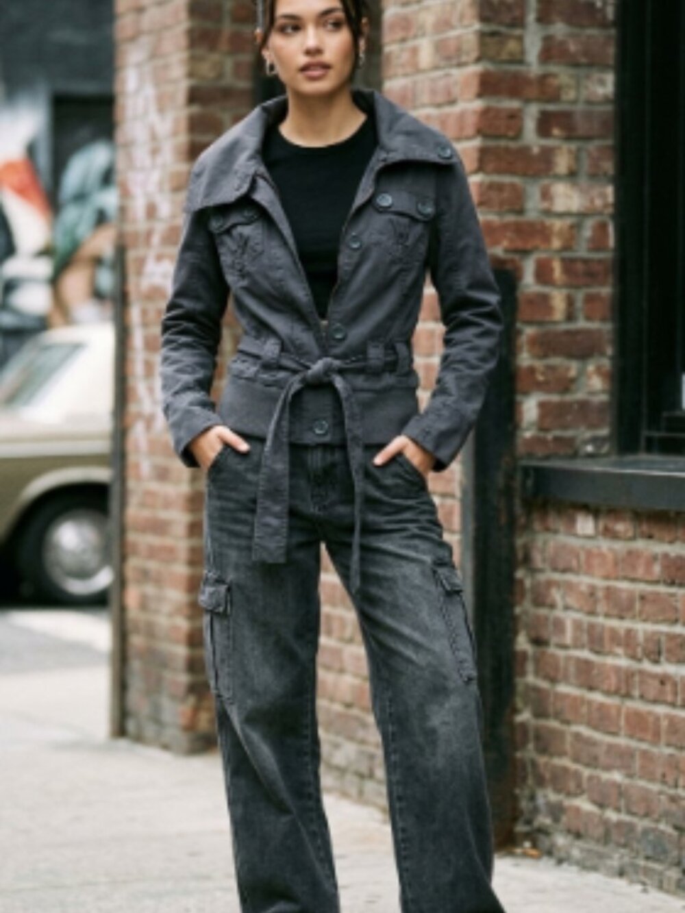 Vintage Y2K ONLY Belted Funnel Neck Utility Moto Jacket Steel Grey Medium